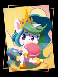 Size: 1668x2224 | Tagged: safe, artist:pitybug, imported from derpibooru, princess celestia, alicorn, pony, my little pony: pony life, belly, cake, cakelestia, cel shading, chibi, colored, crown, eating, female, food, g4.5, giant food, hoof shoes, jewelry, long mane, looking sideways, macaron, mare, princess shoes, regalia, shading, shadow, solo, stuffing