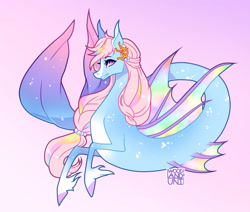 Size: 1280x1083 | Tagged: safe, artist:woodlanduni, imported from derpibooru, oc, oc only, hybrid, merpony, seapony (g4), adoptable, coral, female, fin wings, fins, fish tail, flowing mane, flowing tail, jewelry, mare, necklace, pearl necklace, pink background, pink mane, purple eyes, seaponified, signature, simple background, smiling, solo, species swap, tail, teeth, unshorn fetlocks, wings