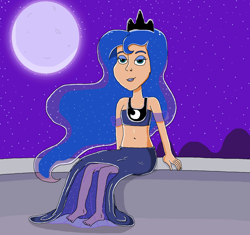 Size: 1439x1350 | Tagged: safe, artist:ocean lover, imported from derpibooru, princess luna, human, balcony, bare midriff, bare shoulders, barefoot, beautiful, belly button, blue eyes, blue eyeshadow, blue hair, blue lipstick, clothes, crown, dress, ethereal mane, eyelashes, eyeshadow, feet, female, flowing hair, glowing, hill, human coloration, humanized, jewelry, lidded eyes, lipstick, looking at you, makeup, midriff, moon, mountain, night, outdoors, pretty, princess of the night, regalia, sexy, shiny skin, sitting, sky, smiling, smiling at you, solo, sparkles, starry hair, starry mane, starry night, stars