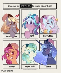 Size: 1715x2048 | Tagged: safe, artist:yun_nhee, imported from derpibooru, derpy hooves, kerfuffle, princess luna, starlight glimmer, sunny starscout, vapor trail, alicorn, earth pony, pegasus, pony, unicorn, six fanarts, eye clipping through hair, eyebrows, eyebrows visible through hair, female, g5, looking at you, magic, magic aura, mare, one eye closed, open mouth, open smile, smiling, smiling at you, wink