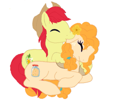 Size: 601x510 | Tagged: safe, artist:decokenite, imported from derpibooru, bright mac, pear butter, earth pony, pony, base used, biting, brightbutter, ear bite, eyes closed, female, flower, hat, hug, hugging a pony, lying down, male, mare, parent, requested art, shipping, simple background, stallion, straight, white background