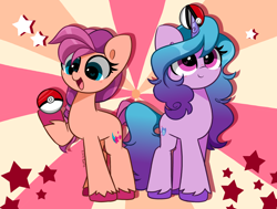 Size: 5928x4472 | Tagged: safe, artist:kittyrosie, imported from derpibooru, izzy moonbow, sunny starscout, earth pony, pony, unicorn, abstract background, absurd resolution, blushing, cute, duo, duo female, female, g5, heart eyes, izzy impaling things, izzybetes, mare, open mouth, open smile, poké ball, pokémon, signature, smiling, stars, sunnybetes, unshorn fetlocks, wingding eyes