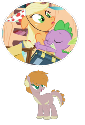 Size: 662x970 | Tagged: safe, artist:foxykitsunestiles, artist:strawberry-spritz, imported from derpibooru, applejack, spike, oc, oc:apple flame, dracony, dragon, earth pony, hybrid, pony, applespike, base used, book, female, golden oaks library, hat, hug, interspecies offspring, lidded eyes, male, mare, offspring, parent:applejack, parent:spike, parents:applespike, party hat, screencap reference, shipping, simple background, straight, transparent background