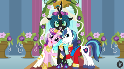 Size: 1920x1080 | Tagged: safe, artist:facelessjr, imported from derpibooru, princess cadance, queen chrysalis, shining armor, alicorn, changeling, changeling queen, pony, unicorn, alternate hairstyle, alternate universe, bell, bisexual, cadalis, canterlot castle, canterlot wedding 10th anniversary, chrysarmordance, clothes, dress, fangs, female, floral head wreath, flower, flower in hair, grin, holding hooves, horn, horn ring, hug, infidelity, jewelry, lesbian, male, marriage, nervous, nervous grin, nervous sweat, photo, polyamory, polygamy, ring, shining armor gets all the mares, shining chrysalis, shiningcadance, shipping, show accurate, smiling, story included, straight, sweat, uniform, vase, wedding, wedding dress, wedding ring, wedding veil