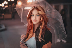 Size: 1500x1001 | Tagged: dead source, safe, artist:aster-hime, edit, editor:sammykun, imported from derpibooru, sunset shimmer, human, equestria girls, beautiful, blurry background, bust, clothes, cosplay, costume, faceapp, humanized, irl, irl human, jacket, leather jacket, looking at you, outdoors, photo, photography, portrait, redhead, smiling, solo, umbrella, wig