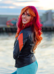 Size: 1967x2688 | Tagged: safe, artist:maddymoiselle, edit, editor:sammykun, imported from derpibooru, sunset shimmer, human, equestria girls, beach, blurry background, bust, clothes, cosplay, costume, faceapp, half body, humanized, irl, irl human, jacket, leather jacket, looking at you, outdoors, photo, photography, portrait, redhead, smiling, solo, wig