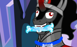 Size: 1280x788 | Tagged: safe, edit, edited screencap, editor:horsesplease, imported from derpibooru, screencap, king sombra, pony, unicorn, the beginning of the end, behaving like a dog, bone, collar, crystal, cyrillic, derp, good boi, insanity, male, mouth hold, russian, sombra dog, stallion, stupid