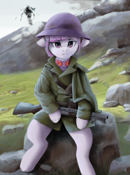 Size: 3120x4200 | Tagged: safe, artist:闪电_lightning, imported from derpibooru, pony, equestria at war mod, clothes, gun, helmet, military uniform, rock, shotgun, sitting, soldier, solo, trench shotgun, uniform, weapon, winchester m1897