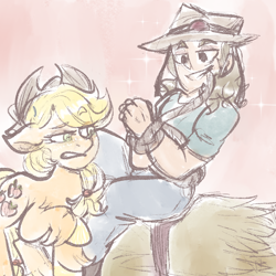 Size: 1000x1000 | Tagged: safe, artist:mimiporcellini, imported from derpibooru, applejack, earth pony, human, colored sketch, crossover, crossover shipping, hol horse, holjack, interspecies, jojo's bizarre adventure, shipping