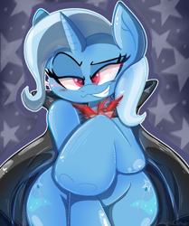 Size: 1000x1198 | Tagged: safe, artist:malachimoet, imported from derpibooru, trixie, pony, unicorn, magic duel, alicorn amulet, blushing, cape, clothes, cute, diatrixes, evil, evil grin, evil trixie, female, grin, heart eyes, hoof in air, looking at you, mare, raised hoof, smiling, smug, solo, sombra eyes, starry background, wingding eyes