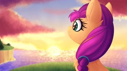 Size: 3840x2160 | Tagged: safe, artist:lbrcloud, imported from derpibooru, sunny starscout, earth pony, pony, cute, female, g5, mare, ocean, solo, sunnybetes, sunrise, sunset, water