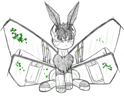 Size: 1280x1004 | Tagged: safe, alternate version, artist:zocidem, imported from derpibooru, oc, oc only, oc:wrench, cyborg, earth pony, moth, mothpony, original species, pony, artificial wings, augmented, chest fluff, mechanical wing, solo, wings