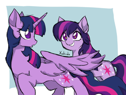Size: 1600x1200 | Tagged: safe, artist:xekiida, imported from derpibooru, twilight sparkle, alicorn, earth pony, pony, duality, earth pony twilight, eye contact, female, grin, looking at each other, looking at someone, looking back, mare, race swap, self paradox, self ponidox, smiling, spread wings, starry eyes, twilight sparkle (alicorn), wingding eyes, wings