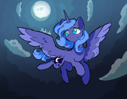 Size: 1482x1156 | Tagged: safe, artist:xekiida, imported from derpibooru, princess luna, alicorn, pony, cloud, flying, full moon, looking back, moon, open mouth, s1 luna, solo, spread wings, wings