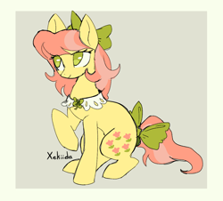 Size: 1218x1102 | Tagged: safe, artist:xekiida, imported from derpibooru, earth pony, pony, alternate design, bow, female, g5, hair bow, mare, my little pony: tell your tale, posey bloom, raised hoof, sitting, solo, tail, tail bow