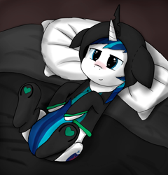 Size: 1736x1809 | Tagged: safe, artist:tetsergs, imported from derpibooru, shining armor, pony, unicorn, bed, blushing, canterlot wedding 10th anniversary, clothes, hug, lying down, pillow, socks, solo, tail, tail hug