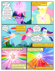 Size: 612x792 | Tagged: safe, artist:newbiespud, edit, edited screencap, imported from derpibooru, screencap, fluttershy, pinkie pie, rainbow dash, rarity, twilight sparkle, earth pony, pegasus, pony, unicorn, comic:friendship is dragons, keep calm and flutter on, big crown thingy, comic, element of generosity, element of kindness, element of laughter, element of loyalty, element of magic, eyes closed, female, glowing, glowing horn, horn, jewelry, magic, mare, outdoors, regalia, screencap comic, telekinesis, unicorn twilight