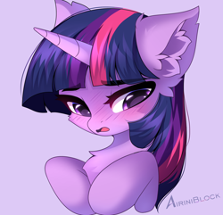 Size: 2048x1978 | Tagged: safe, artist:airiniblock, imported from derpibooru, twilight sparkle, pony, blue background, blushing, bust, chest fluff, ear fluff, female, light blue background, looking away, mare, one ear down, patreon, patreon reward, portrait, rcf community, signature, simple background, solo
