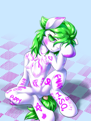 Size: 1800x2400 | Tagged: safe, artist:ktk's sky, imported from derpibooru, oc, oc:h2so4 rain, earth pony, pony, bodypaint, chest fluff, earth pony oc, featureless crotch, human shoulders, male, sitting, solo