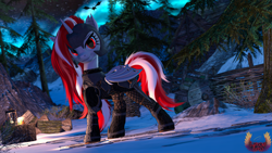 Size: 3840x2160 | Tagged: safe, artist:loveslove, imported from derpibooru, oc, oc only, oc:lovers, bat pony, bat pony unicorn, dragon, hybrid, pony, unicorn, 3d, armor, bat ears, bat pony oc, bat wings, dagger, female, fence, food, helmet, high res, horn, lantern, looking at you, mare, night, night sky, outdoors, raised hoof, sky, skyrim, smiling, smiling at you, snow, solo, source filmmaker, stars, sweet roll, tail, the elder scrolls, tree, wagon, weapon, wings