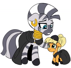 Size: 1357x1302 | Tagged: safe, artist:_ton618_, imported from derpibooru, applejack, zecora, earth pony, pony, zebra, alternate universe, clothes, crying, duo, ear piercing, earring, female, filly, filly applejack, floppy ears, foal, freckles, head pat, jewelry, mare, neck rings, pat, piercing, simple background, white background, younger