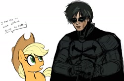 Size: 2135x1399 | Tagged: safe, artist:_ton618_, imported from derpibooru, applejack, earth pony, human, pony, applejack's hat, batman, bruce wayne, cowboy hat, dc comics, dialogue, duo, female, hat, mare, mask, robert pattinson, simple background, talking, the batman, the batman (2022), white background