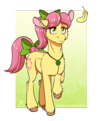 Size: 1156x1425 | Tagged: safe, artist:inuhoshi-to-darkpen, imported from derpibooru, earth pony, pony, bow, ear fluff, eye clipping through hair, eyebrows, eyebrows visible through hair, feather, female, g5, jewelry, mare, my little pony: tell your tale, necklace, posey bloom, raised hoof, simple background, solo, sternocleidomastoid, tail, tail bow, teeth, transparent background, unshorn fetlocks