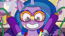 Size: 1920x1080 | Tagged: safe, imported from derpibooru, screencap, izzy moonbow, pony, unicorn, spoiler:g5, spoiler:my little pony: tell your tale, spoiler:tyts01e09, female, g5, glasses, goggles, grin, high res, it's t.u.e.s. day, mare, my little pony: tell your tale, señor butterscotch, smiling, solo, welding