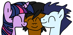 Size: 2070x1000 | Tagged: safe, artist:jadeharmony, imported from derpibooru, soarin', twilight sparkle, oc, oc:nazreen, alicorn, earth pony, pegasus, pony, bisexual, bisexual male, bust, canon x oc, cheek kiss, eyes closed, female, gay, gay in front of girls, kiss sandwich, kissing, male, mare, simple background, stallion, straight, transparent background, trio, twilight sparkle (alicorn)