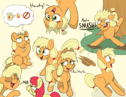 Size: 3492x2716 | Tagged: safe, artist:doodledonutart, imported from derpibooru, apple bloom, applejack, earth pony, pony, applejack's hat, cider, cowboy hat, cute, eyes closed, female, filly, fire, foal, hat, hulk speak, jackabetes, jackletree, mare, missing accessory, multeity, no, open mouth, simple background, text, thinking