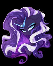 Size: 4000x4950 | Tagged: safe, artist:xsatanielx, imported from derpibooru, nightmare rarity, pony, unicorn, black background, bust, ear fluff, female, forehead jewel, forehead jewelry, looking at you, mare, rcf community, simple background, slit pupils, solo