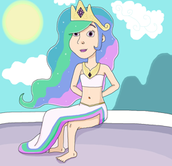 Size: 1432x1381 | Tagged: safe, artist:ocean lover, imported from derpibooru, princess celestia, human, balcony, bare midriff, bare shoulders, barefoot, beautiful, belly button, clothes, cloud, crown, diamond, dress, feet, female, flowing hair, glowing, hand behind back, hill, human coloration, humanized, jewelry, looking at you, midriff, mountain, pretty, regalia, sky, smiling, solo, sparkles, sun