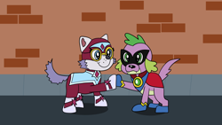 Size: 1920x1080 | Tagged: safe, artist:platinumdrop, imported from derpibooru, humdrum, masked matter-horn, spike, dog, husky, equestria girls, movie magic, power ponies (episode), spoiler:eqg specials, clothes swap, crossover, duo, everest (paw patrol), paw patrol, power ponies, request, spike the dog, spikerest, superhero