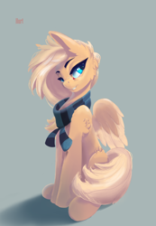 Size: 1944x2814 | Tagged: safe, artist:i love hurt, imported from derpibooru, oc, oc only, oc:mirta whoowlms, pegasus, pony, female, fluffy, full body, mare, sitting, soft color, soft shading, solo