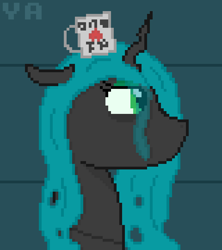 Size: 560x630 | Tagged: safe, artist:valuable ashes, imported from derpibooru, queen chrysalis, changeling, changeling queen, pony, canterlot wedding 10th anniversary, female, mug, pixel art, solo, tired