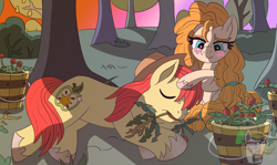 Size: 1600x952 | Tagged: safe, artist:gray star, derpibooru exclusive, imported from derpibooru, bright mac, pear butter, earth pony, the perfect pear, blushing, bucket, couple, female, food, love, male, mare, orchard, pear, scene interpretation, stallion, straight, sunrise