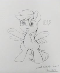 Size: 2646x3216 | Tagged: safe, artist:twiliset, imported from derpibooru, derpy hooves, pegasus, pony, simple ways, happy, pencil drawing, simple background, spread wings, standing, traditional art, wings