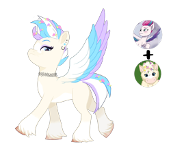 Size: 3464x3060 | Tagged: safe, artist:lavender-bases, artist:vernorexia, imported from derpibooru, zipp storm, oc, pegasus, pony, blaze (coat marking), blue eyes, blue mane, choker, coat markings, colored wings, ear piercing, earring, eyeshadow, facial markings, flower, flower in hair, fusion, g5, gradient legs, jewelry, makeup, multicolored mane, multicolored wings, piercing, purple mane, short hair, short tail, simple background, socks (coat markings), solo, spread wings, tail, transparent background, unshorn fetlocks, webkinz, webkinz tulip pony, white mane, wings