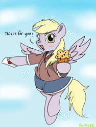 Size: 450x600 | Tagged: safe, artist:twiliset, imported from derpibooru, derpy hooves, pegasus, pony, chest fluff, clothes, cloud, cute, derpabetes, flying, food, happy, heart, letter, muffin, sky, smiling, solo, spread wings, wings