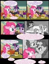 Size: 1042x1358 | Tagged: safe, artist:dendoctor, imported from derpibooru, mean twilight sparkle, pinkie pie, twilight sparkle, alicorn, earth pony, pony, comic:clone.., too many pinkie pies, alternate universe, clone, clothes, comic, crying, diner, female, flashback, food, fork, glowing, glowing horn, horn, magic, monochrome, pancakes, park bench, pepper, pinkie clone, plate, salt, taffy, telekinesis, tree, twilight sparkle (alicorn)