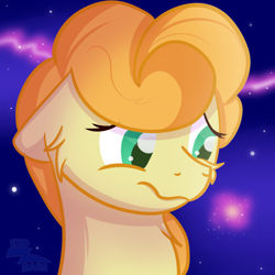 Size: 1000x1000 | Tagged: safe, artist:exobass, imported from derpibooru, carrot top, golden harvest, earth pony, pony, bust, expression, floppy ears, galaxy, portrait, sad, solo