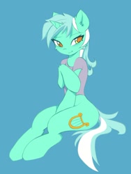 Size: 1303x1737 | Tagged: safe, artist:fajeh, imported from derpibooru, lyra heartstrings, pony, semi-anthro, unicorn, blue background, bottomless, clothes, lidded eyes, partial nudity, simple background, sitting, solo