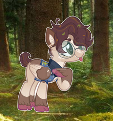 Size: 1024x1092 | Tagged: safe, artist:thatonefluffs, imported from derpibooru, oc, oc only, pegasus, pony, :p, base used, commission, deer hooves, denim jacket, forest background, glasses, irl, photo, ponysona, solo, tongue out, toy, unshorn fetlocks, watermark