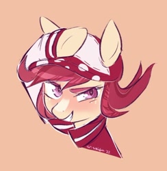 Size: 640x657 | Tagged: safe, artist:wonderwaifu, imported from derpibooru, oc, oc only, oc:cherry starburst, pony, cap, clothes, grin, hat, jacket, smiling, solo