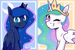 Size: 4096x2731 | Tagged: safe, artist:jellysketch, imported from derpibooru, princess celestia, princess luna, alicorn, pony, blushing, looking at you, one eye closed, smiling, wink