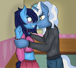 Size: 1114x990 | Tagged: safe, artist:zorgycuddles, imported from derpibooru, pokey pierce, oc, oc:zorgy cuddles, anthro, unicorn, duo, duo male and female, female, grin, holding hands, holding wrists, male, nervous, nervous grin, smiling, standing