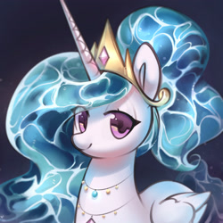 Size: 3326x3326 | Tagged: safe, artist:mirroredsea, imported from derpibooru, princess celestia, alicorn, pony, blue background, caustics, colored pupils, crown, cute, cutelestia, eye clipping through hair, female, flowing mane, folded wings, half body, high res, horn, jewelry, lidded eyes, long horn, looking at you, mare, necklace, regalia, sealestia, simple background, smiling, solo, transparent mane, violet eyes, water mane, wings