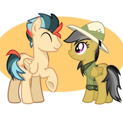 Size: 750x750 | Tagged: safe, imported from derpibooru, daring do, oc, oc:turbo swifter, pegasus, pony, abstract background, clothes, duo, female, hat, male, mare, pegasus oc, smiling, stallion