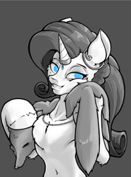 Size: 1590x2150 | Tagged: safe, artist:hc0, imported from derpibooru, rarity, fox, pony, fur coat, horn, horn ring, monochrome, ring, solo