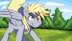 Size: 1514x864 | Tagged: safe, artist:signal15, imported from derpibooru, derpy hooves, pegasus, pony, cute, derpabetes, ear fluff, female, grass, happy, mare, smiling, solo, tree